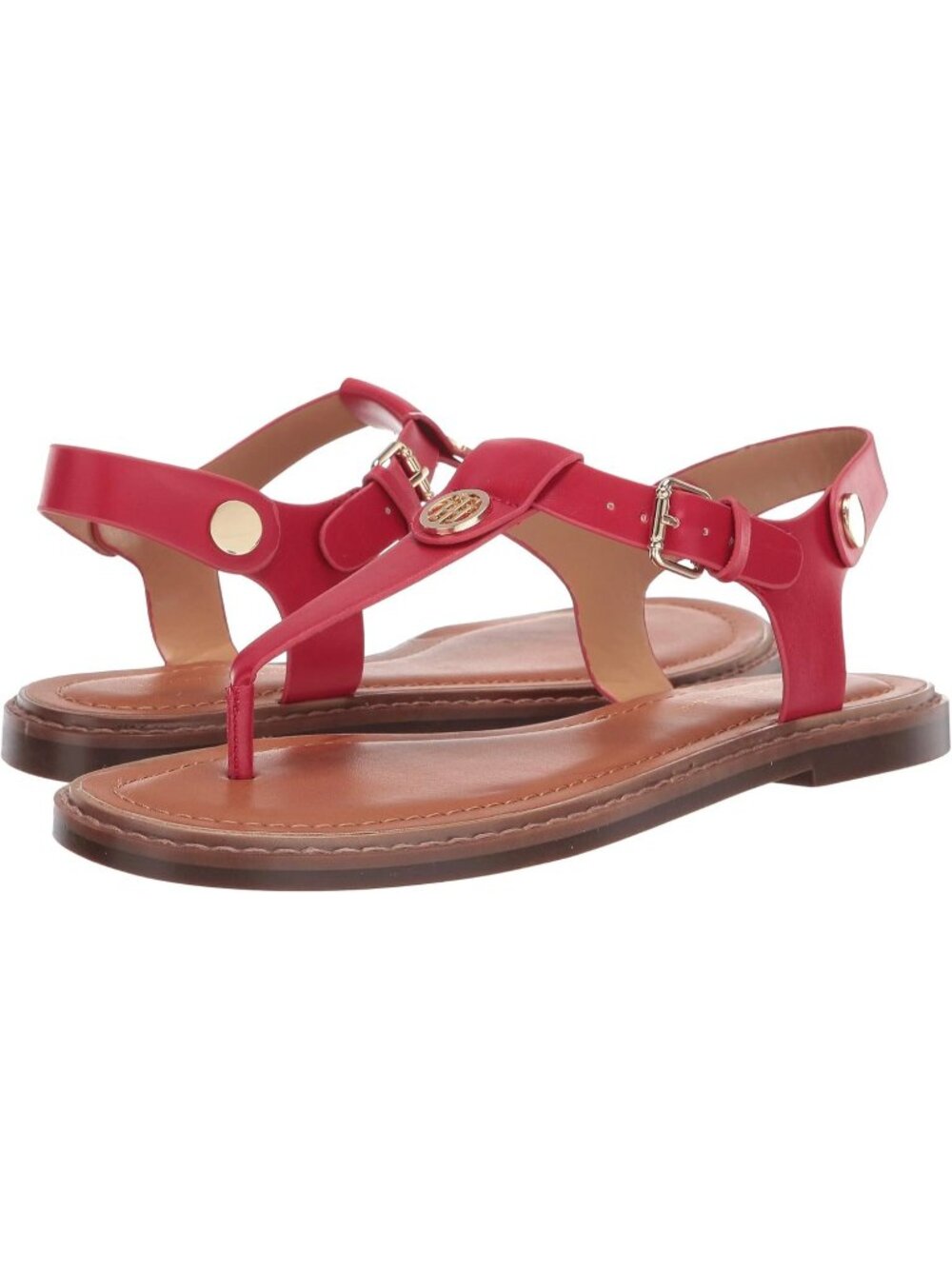 Women's Medium Red Almond Toe T-Strap Foam Footbed Walking Casual Sandal Shoes